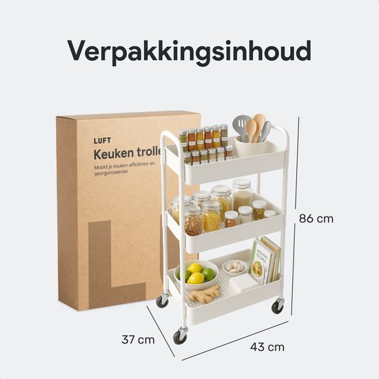 Küchenwagen auf Rädern - 3 Schichten - Küchenregal - Servierwagen - Schrank - Wagen - Aufbewahrung - Duschkabinen stehend - Regal - Weiß - Luft