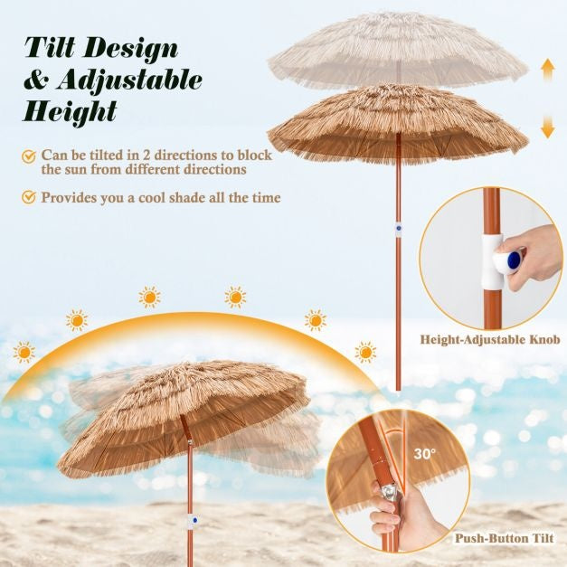COSTWAY Hawaii Sonnenschirm, Sonnenschirmfuß nicht inbegriffen, kippbarer Strandschirm, Gartenschirm, höhenverstellbar, UV-Schutz, pp Strohsonnenschirm, Marktschirm, natur, 155 cm