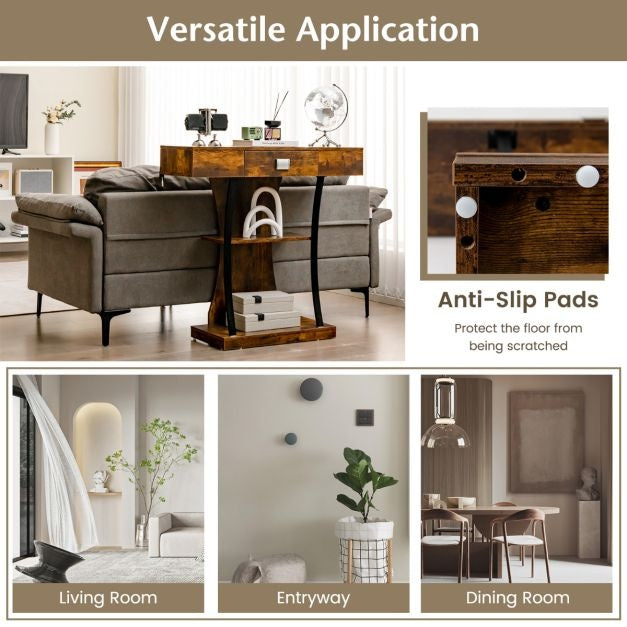 Coast - T-förmiger Konsolentisch mit Schubladen - 2 Ablagen - Industriedesign - Rustikales Braun