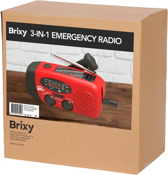 Brixy Emergency Radio - Radio mit Batterie für Notfälle - Aufziehbar - Solar - Taschenlampe - Powerbank - Rot