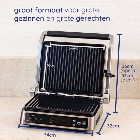 Safecourt Kitchen Kontaktgrill - Panini-Grill und Toasti-Eisen - Abnehmbar - PFAS-freie Platten - Spülmaschinenfest - Groß - Schnelle Hitze (2200W)