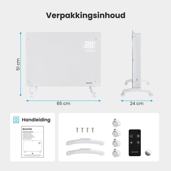 Auronic Elektroheizung - Konvektorheizung mit Thermostat und Fernbedienung - Glasheizkörper - 1500W Heizleistung - Weiß