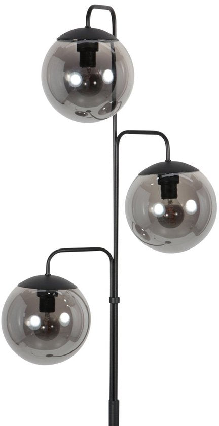 Stehlampe Bollique 4611ZW von Steinhauer – Stilvolles schwarzes Metall mit 3 rauchfarbenen Glaskugeln, Höhe 173 cm, runder Sockel 40 cm, perfekt für den Innenbereich