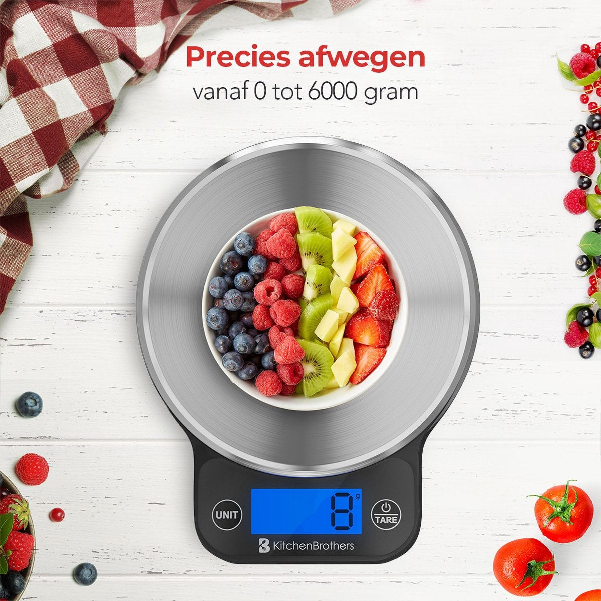 KitchenBrothers Küchenwaage - Waage Küche Digital - 1 g bis 6 kg - Tara Funktion - Batterien enthalten - Edelstahl/Schwarz