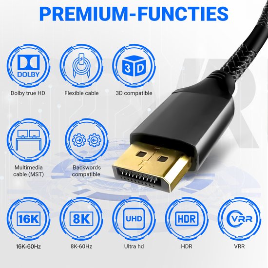 DisplayPort-Kabel 2.1 - 16K@60Hz/8K@120Hz/4K@144Hz - DisplayPort zu DisplayPort - DP-Kabel - 2 Meter