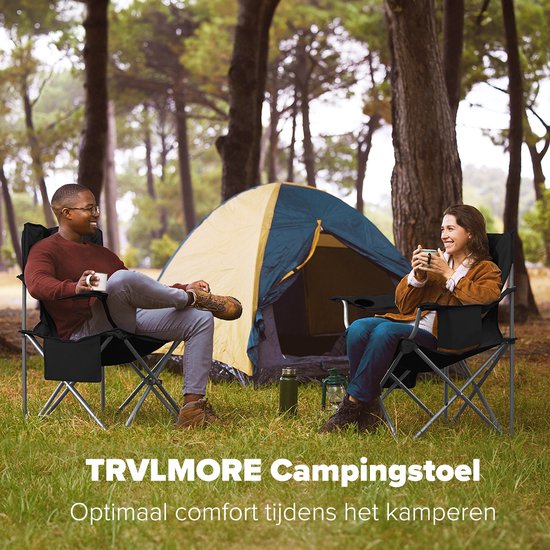TRVLMORE Campingstuhl - Zusammenklappbar - Komfortabler Klappstuhl - 150 kg Belastbarkeit - Getränkehalter - Kühlfach - Seitentasche - Schwarz