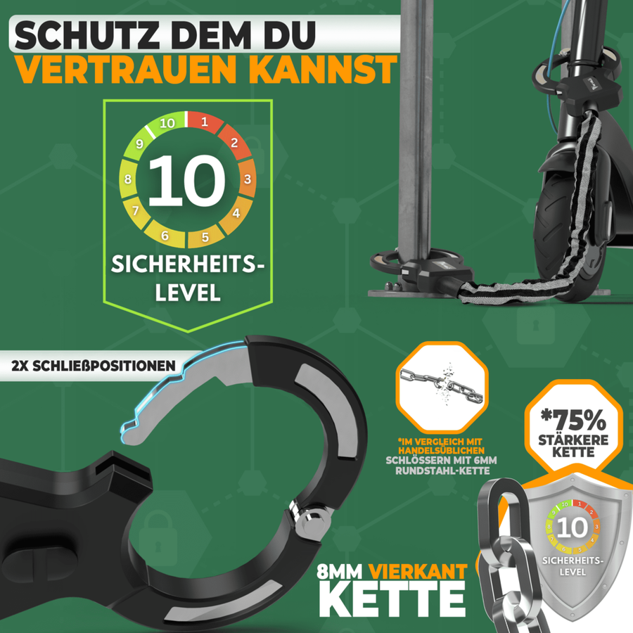 MIVELO Handschellenschloss für E-Roller & Fahrräder - Sicherheitsstufe 10 - Schwarz - 30 x 5 x 2 -.