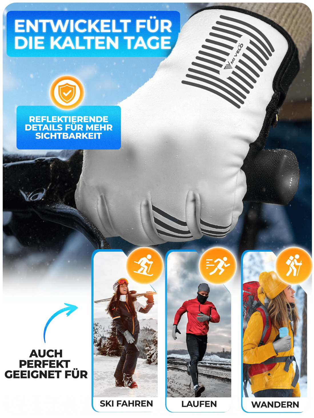 MiVelo Winterhandschuhe - Thermo-Fleece & 3M - Winddicht, Wasserdicht, Touchscreen & Anti-Rutsch - Vollständig reflektierend - Größe XL