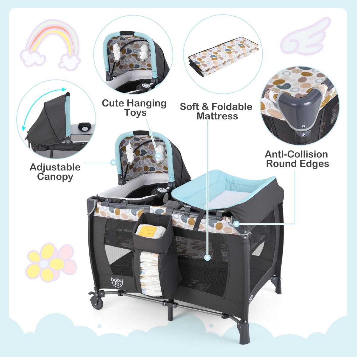Coast 5-in-1-Reisebett für Kinder – mit Wickeltisch, Wiege und Spielpark – Blau
