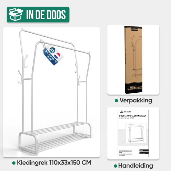 Avalo Industrieller Kleiderständer Doppelstab - Metall - 110x33x150 CM - Weiß - Aufbewahrung für Schuhe - Garderobenständer mit Haken
