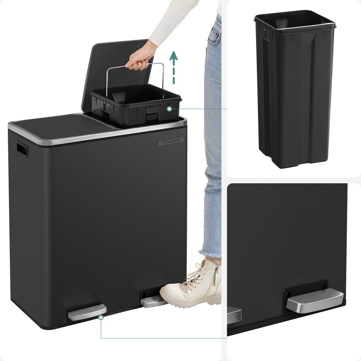 O'DADDY® Mülltrenner - Mülleimer 60L (2x 30L) - Treteimer - 59 x 65 x 32 cm - Schwarz