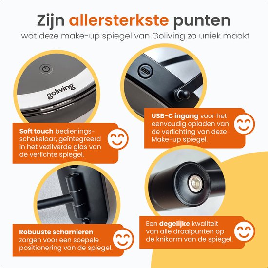 Goliving Make-up-Spiegel mit Beleuchtung - Ø25 cm - 10-fache Vergrößerung - Dimmbarer Make-up-Spiegel - Rasierspiegel - LED-Beleuchtung - USB-C wiederaufladbar - Doppelseitig - 27 x 27 cm - Schwarz