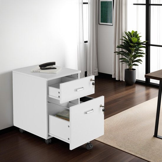 tectake Schubladenschrank - Mit 2 abschließbaren Schubladen, feststellbare Rollen - Rollcontainer - Organizer - Ideal für einen organisierten Arbeitsplatz - Büro, Arbeitszimmer, Home Office - Weiß