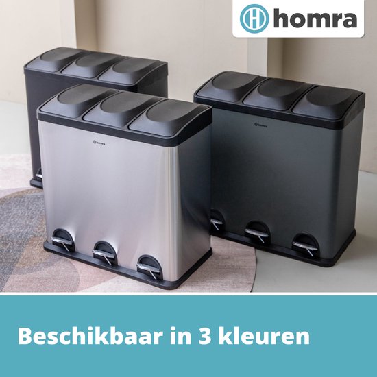 Homra MAXER Treteimer - Mülleimer 3 Fächer - Abfalleimer 60 Liter (3x 20L) - Trio-Eimer - Edelstahl - 3-Fach Mülleimer Abfalltrennung - Silber