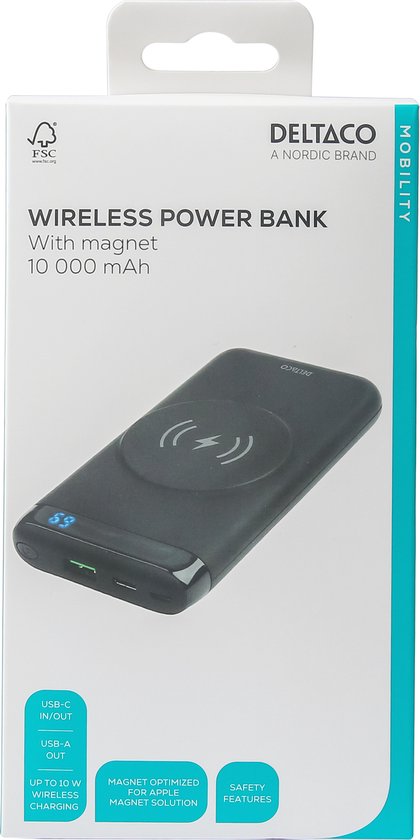 Deltaco PB-Q1003 Powerbank - 10.000 mAh - Drahtlos - MagSafe kompatibel - 1 x USB-C PD 20W - 1 x USB 18W - Schwarz