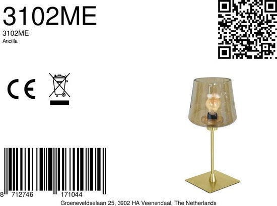Tischlampe Ancilla 3102ME, klassisch, Messing, E14-Fassung, Touch-Ein-/Ausschaltung, mit Glas und Metall, für den Innenbereich – Steinhauer