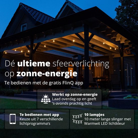 FlinQ Smart Light String Solar - LED-Lichtergirlande für den Außenbereich - Gartenbeleuchtung 15 Meter langes Kabel - Girlande mit RGB-Lichtern - Stimmungslichter / Partylichter - Partylichter