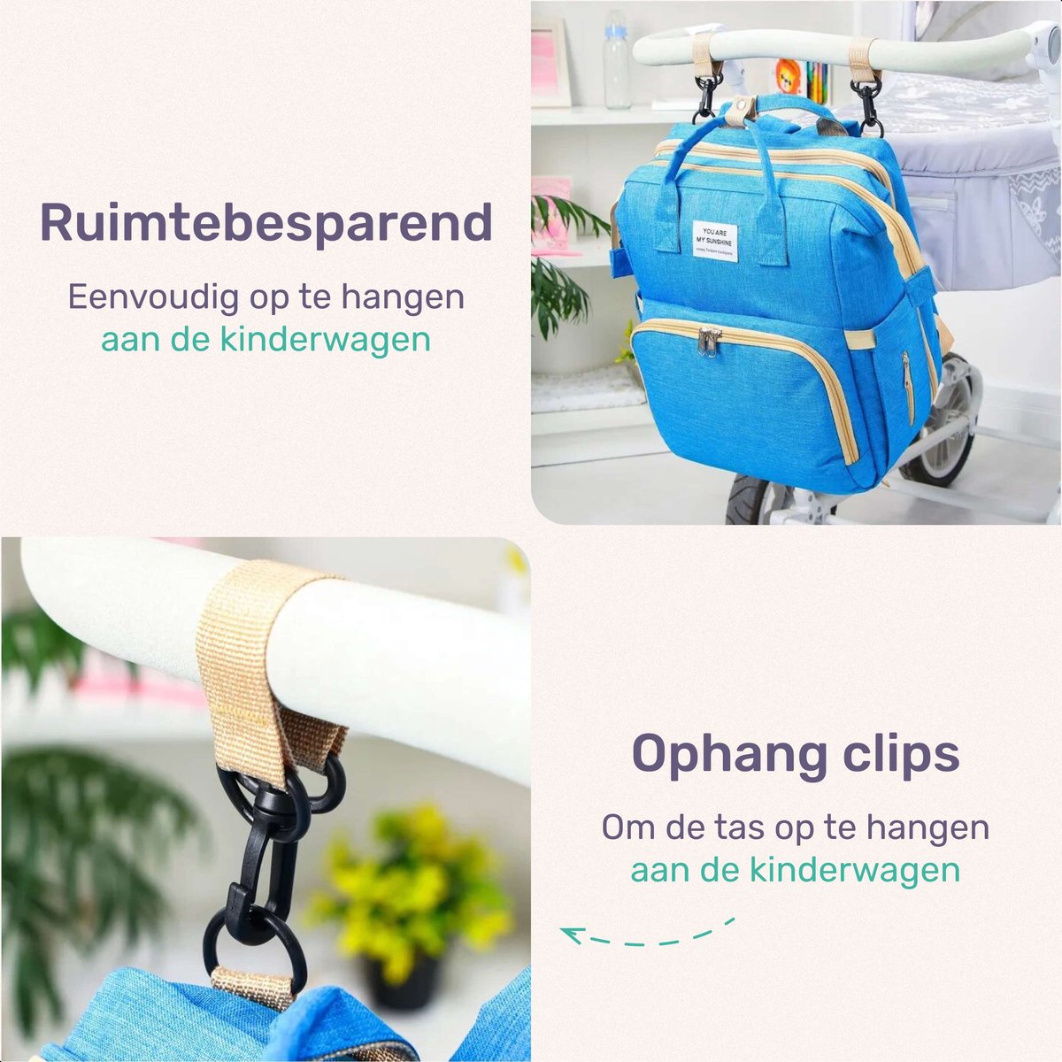 Qwali Wickeltasche, ausziehbar zum Bettchen – 7 Flaschenhalter – Blau-Grau