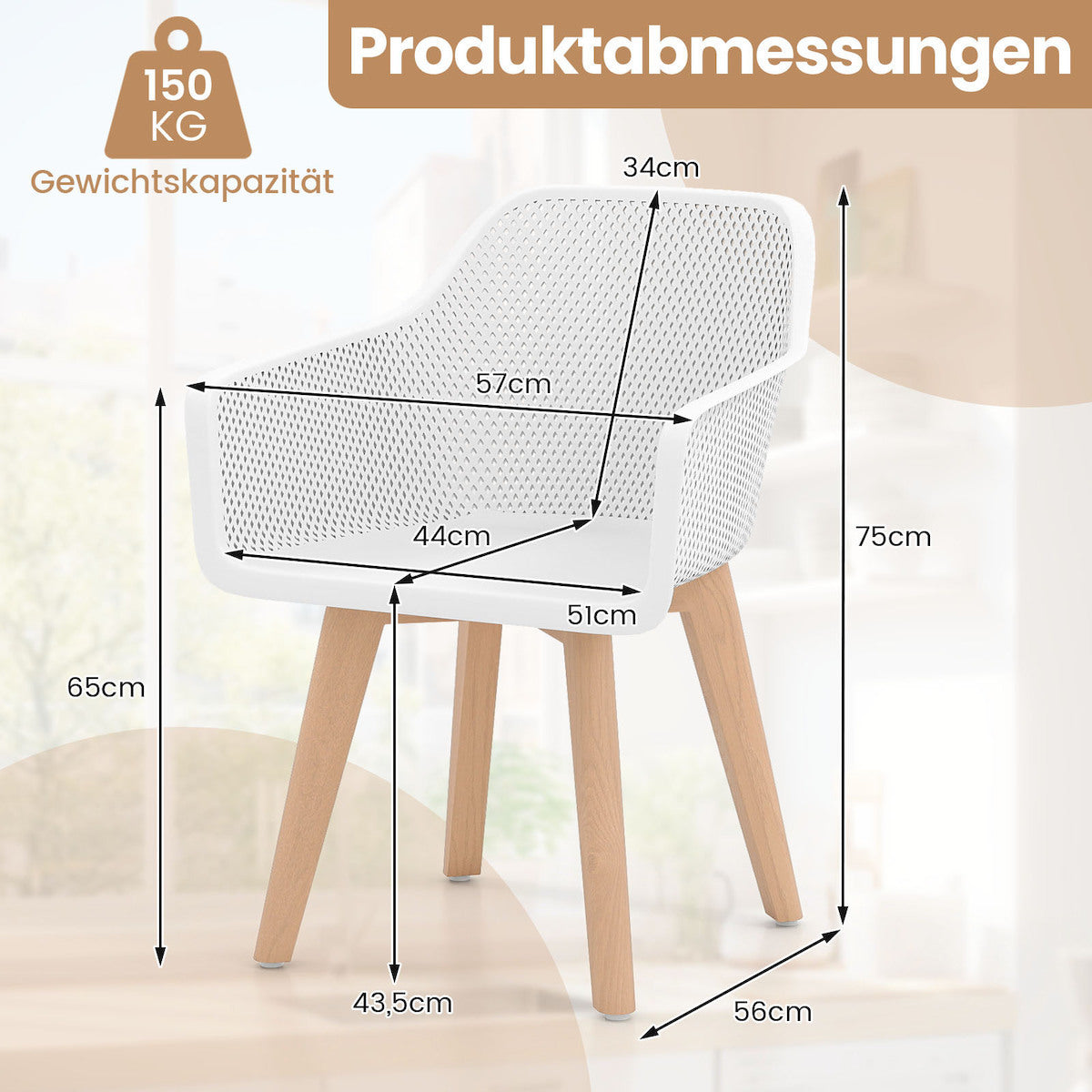 Coast Esszimmerstühle Weiß - 2er-Set - 57 x 56 x 75 cm - mit Netzrückenlehne und Buchenholzbeinen