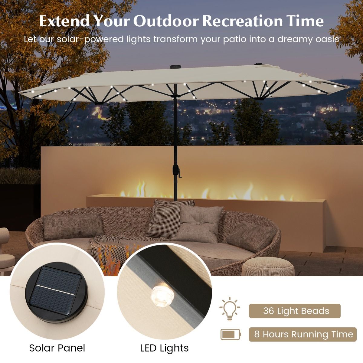 Coast Doppelter rechteckiger Garten-Sonnenschirm 400 x 200 cm - Beige, mit 36 Solar-LEDs und Kurbel