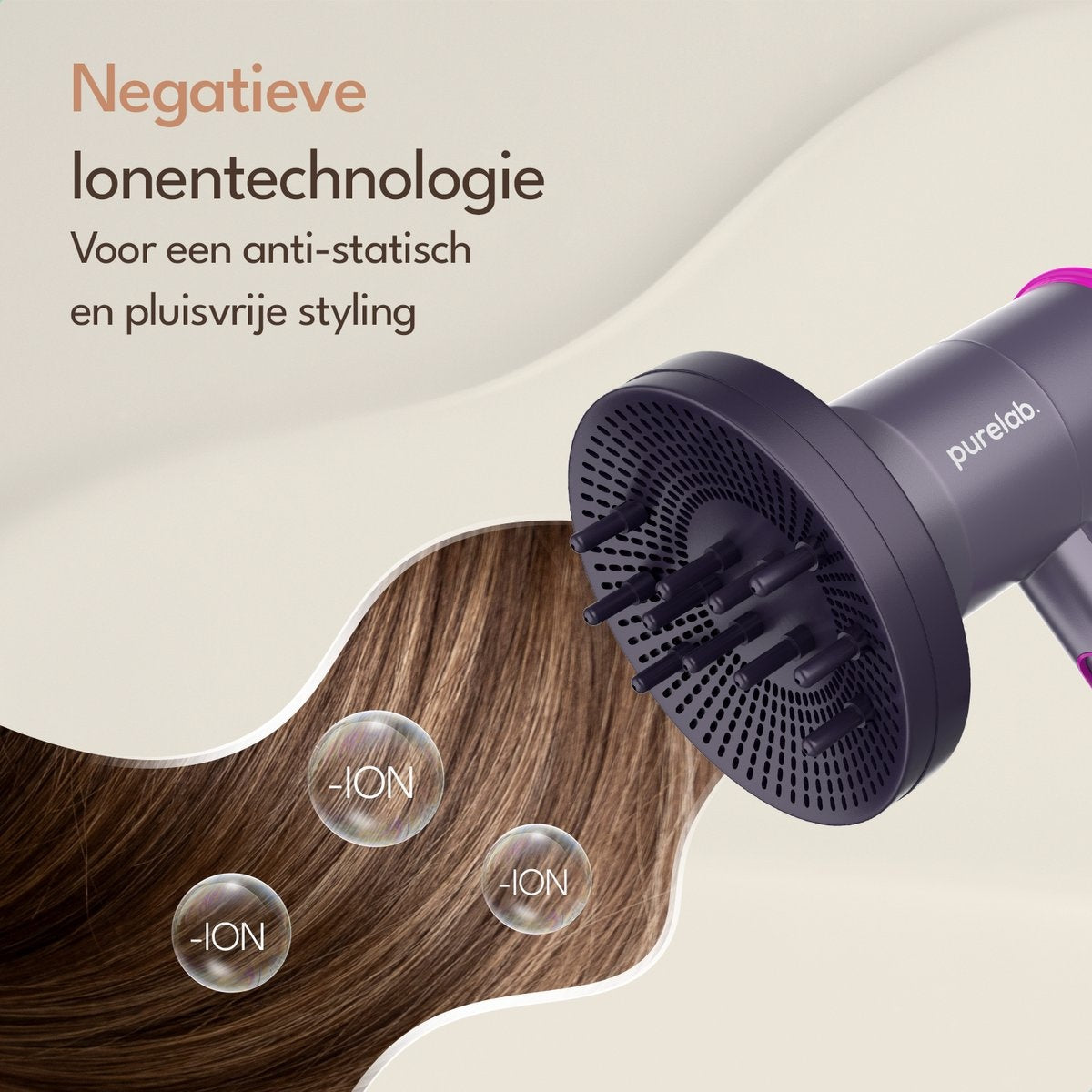 Purelab Haartrockner mit Diffusor - Ionen-Haartrockner - 3 Stufen - Schwarz