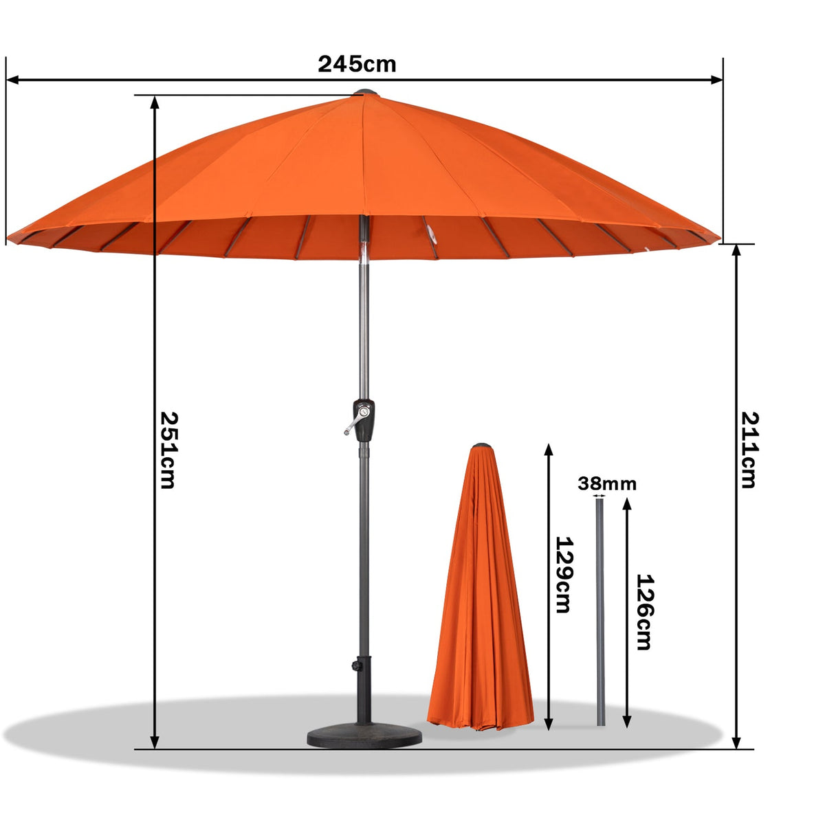 Angel Living Sonnenschirm – 250 cm – UV50+ – Neigbar – Mit Kurbel und Schutzhülle – Terrakotta