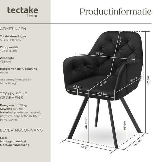 tectake - Drehstuhl in Samtoptik - Esszimmerstuhl mit Armlehnen - Ergonomischer Sitz und Rückenlehne - 180-Grad-Drehung - Moderner Stuhl mit Stahlbeinen - Verschiedene Farben - Schwarz