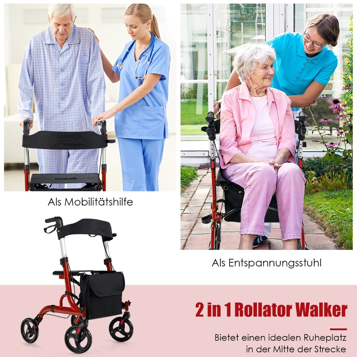Coast 2-in-1-Rollstuhl und Rollator mit Sitz und Tasche und Platzhalter faltbar und hellrot