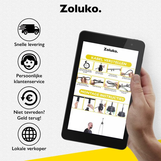 Zoluko Home Fitness Cable System 23-teiliges Set - Inkl. E-Book - Kraftstation für den Heimsport - Inkl. Trizepsseil, Bizepsstange und Griffe - 100kg Tragkraft - Einfache Befestigung - Krafttraining - Lat Pulley - Home Gym - Schwarz/Silber