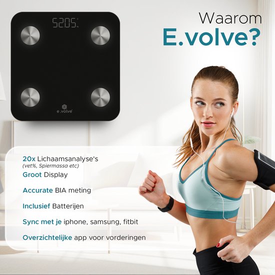 e.volve Waage Personenwaage Digital - 20x - Schwarz - Intelligente Waage mit Körperanalyse - Präzisionswaage - Waage - Digitalwaage - Inkl.