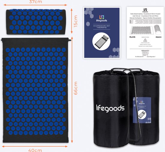 LifeGoods Akupressurmatte mit Kissen - Shakti Matte - Nagelmatte inkl. 2x Triggerpunkt Ball - 66x40x2cm - Schwarz/Blau