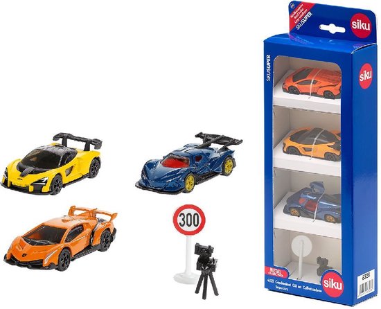SIKU 6328, Geschenkset „Supercars“, Lamborghini Veneno, Apollo I.E., McLaren Senna, bewegliche Teile, inkl. Verkehrsschild und Blitzgerät