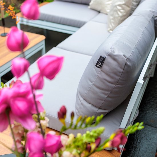 AXI Eos Lounge-Set mit Liege, weiß mit Holzoptik, PSPC – Eckgarnitur mit Tisch – Pulverbeschichtetes Aluminiumgestell – Integrierte Liege – Tischplatte aus PSPC