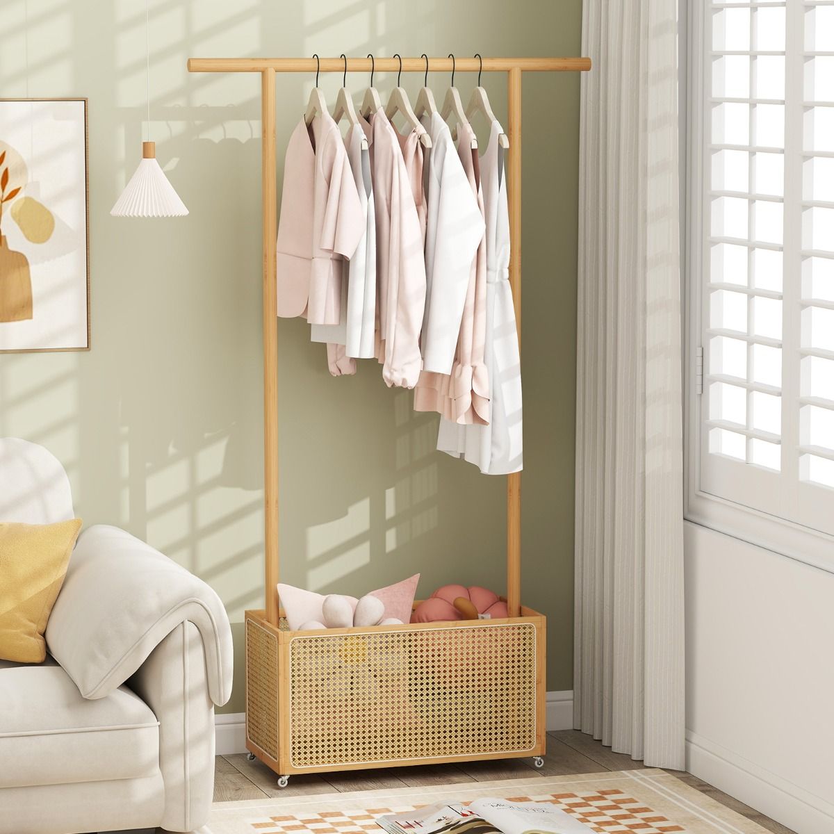 Coast Bambus-Garderobe – mit Aufbewahrungskorb und Rollen – natur – 100 x 32,5 x 172 cm