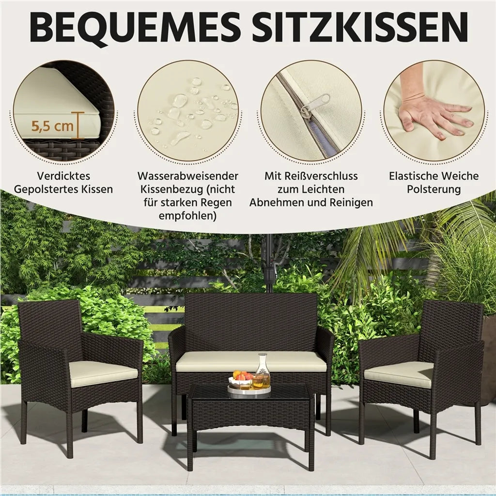 Yaheetech Polyrattan-Lounge-Set, 4-teilig – Braun/Beige – Gartenset mit 2-Sitzer-Sofa, 2 Stühlen und Tisch