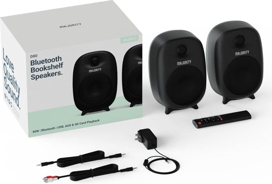 Majority D80 Regallautsprecher - mit Bluetooth - 80 Watt - integrierte Verstärker - HDMI ARC-Anschluss - schwarz