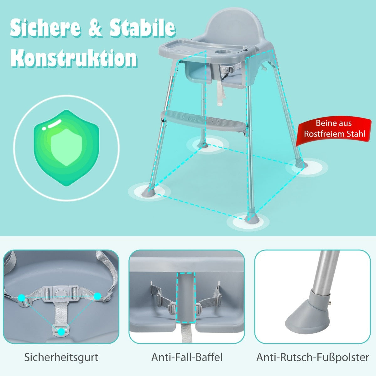 Coast 4 in 1 Babyhochstuhl aus PP & Edelstahl Hochstuhl umbaubar mit herausnehmbarer Doppelschublade grau