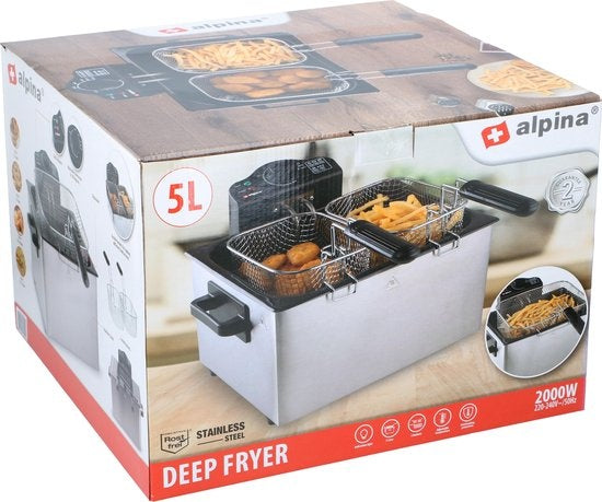 Alpina Doppelfritteuse - 5 Liter Fassungsvermögen - 3 Frittierkörbe - 2000W - Edelstahl - Grau/Schwarz
