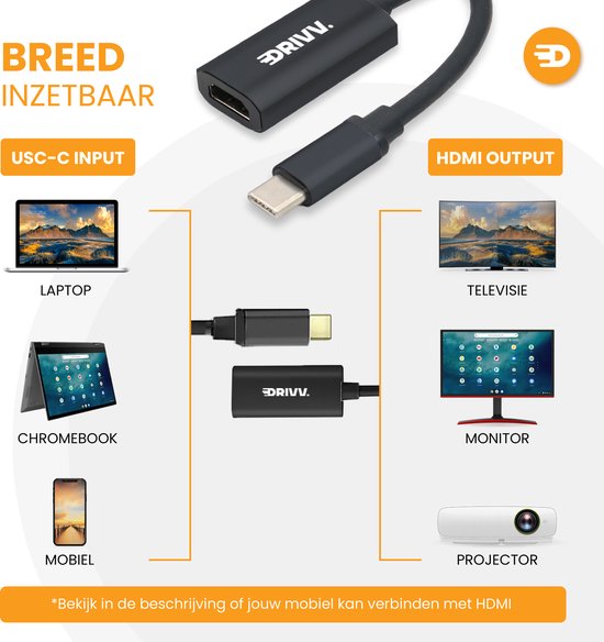 Drivv. USB C zu HDMI Adapter - Unterstützt 4K 60Hz - Typ C zu HDMI - Thunderbolt 3 - Schwarz