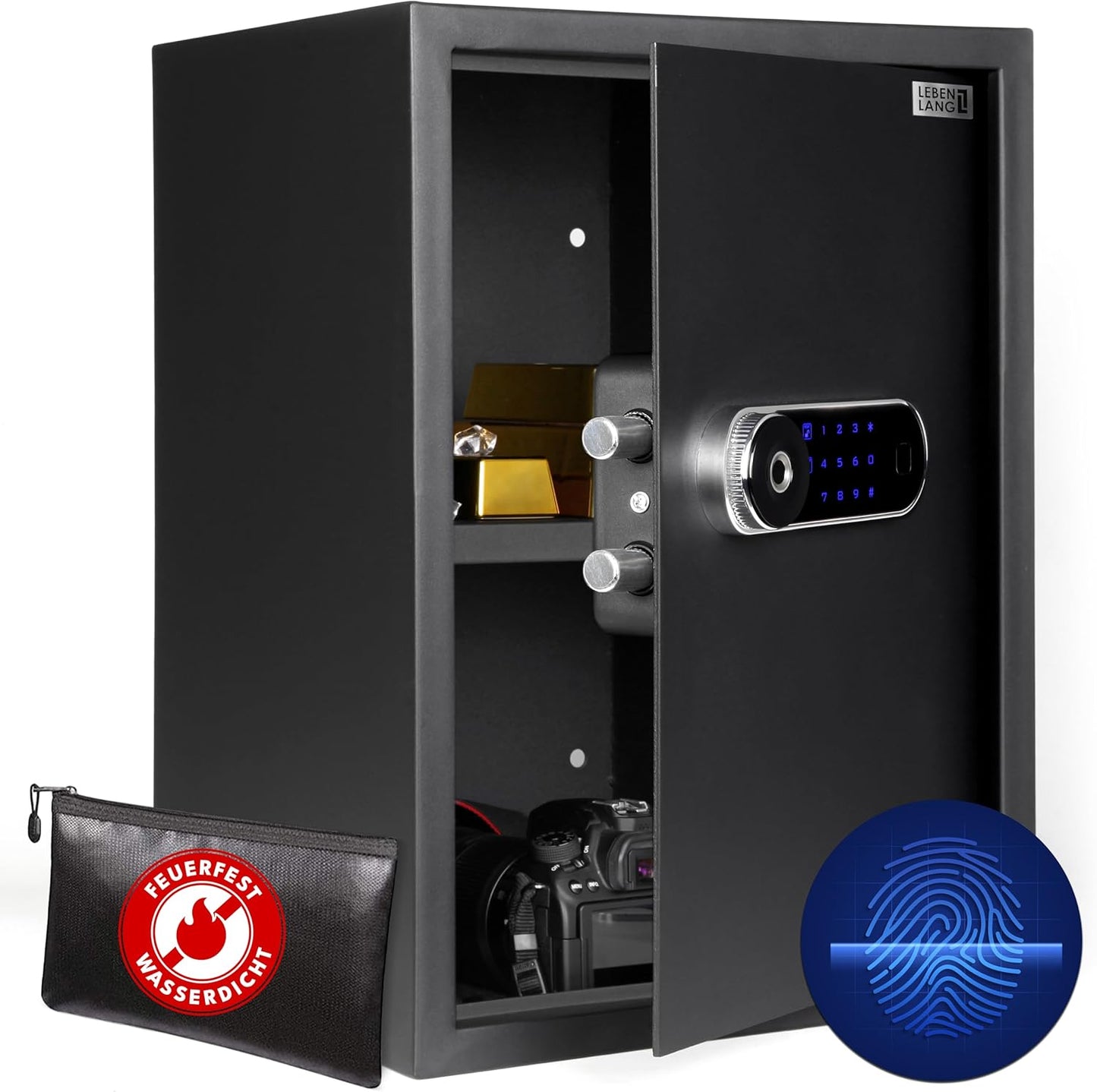 LEBENLANG Safe - 43L - Stahltresor mit Fingerabdrucksensor - Zahlenschloss & feuerfester Dokumententasche - Schwarz