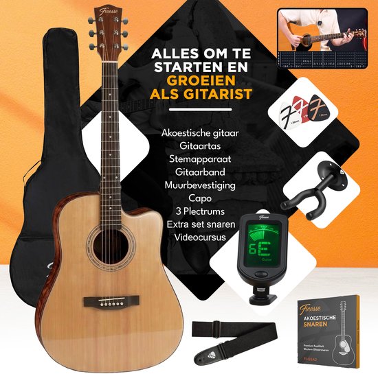 Finesse Premium Akustikgitarre – mit Videokurs – 4/4 41" – Massives Fichtenholz – Western-Gitarre – Gitarre für Kinder und Erwachsene – Natur