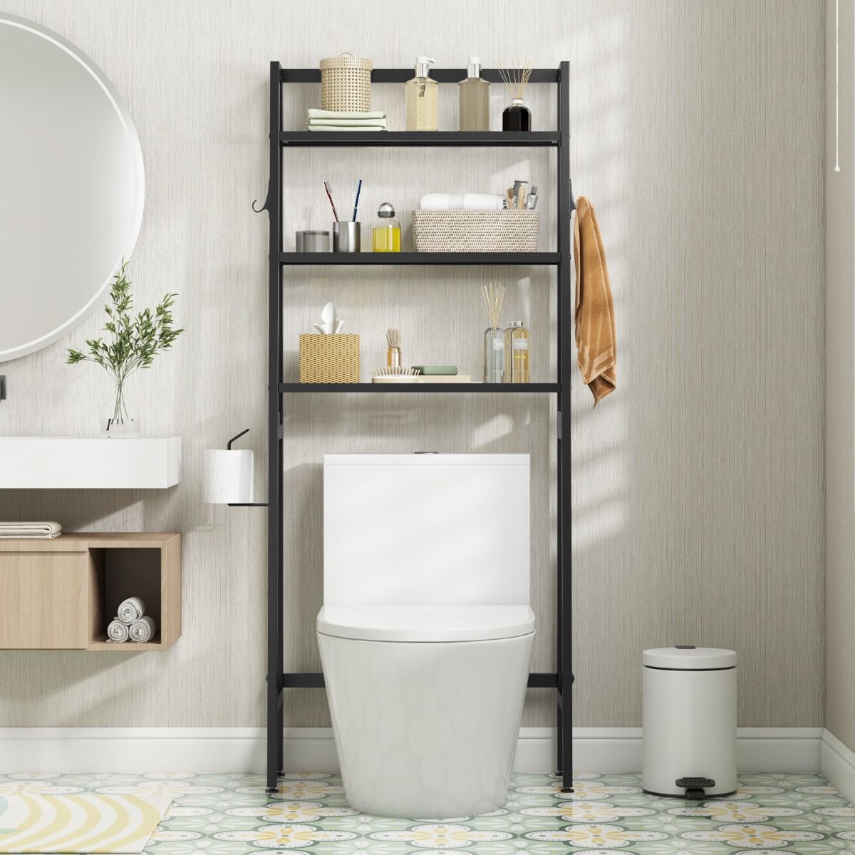Coast Über-Toilettenständer Freistehend 3 Ebenen - 28 x 65 x 159 cm - Schwarz