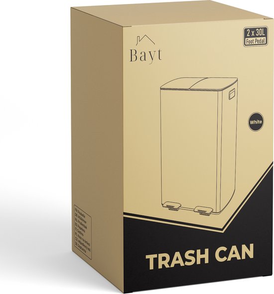 Bayt Mülleimer - Mülleimer 60 Liter (2x30) - Mülleimer 60 Liter - Treteimer 60 Liter - Mülleimer Mülltrennung - Mülleimer 2 Fächer - Mülleimer - Edelstahl - Weiß