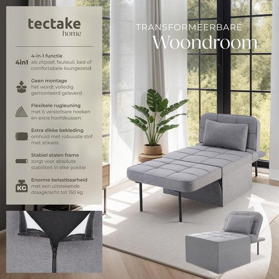 tectake 4-in-1 Komfortabler Schlafsessel mit Schlaffunktion - Sofa, Sessel oder Liege - In 6 Positionen klappbar - Modulares Schlafsofa oder Lesesessel - Für Schlafzimmer, Jugendzimmer oder Wohnzimmer