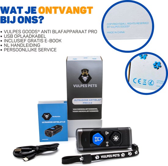 Vulpes Goods® Ultraschall-Anti-Bell-Gerät - 4-in-1 Anti-Bell-Gerät Max - ohne Schock - alternatives Anti-Bell-Halsband - für kleine & große Hunde - Audio - Taschenlampe - Taschenlampe - USB-aufladbar