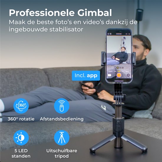 Nuvance - Gimbal Stabilisator für Smartphone - Selfie Stick - mit Stativ und Fernbedienung - Stativ