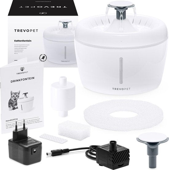 TrevoPet® Trinkbrunnen Katze - Wasserbrunnen Katze - Katzenbrunnen - Flüsterleise - Trinkbrunnen - Katzentränke - 2,5 Liter - einschließlich Filter - Weiß