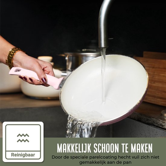 COOCK 19-teiliges Pfannenset - Spezielle Antihaftbeschichtung - Ergonomische Griffe - Recyceltes Aluminium - Bratpfannenset - Kochtopfset - Hellrosa - Inklusive Untersetzer und E-Book