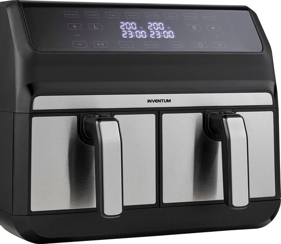 Inventum GF800HLD - Doppel-Luftfritteuse - Heißluftfritteuse - 2 x 4 Liter - 8 Programme - Duale Kochfunktion - 80 bis 200 Grad - PFAS frei - 1700 Watt - Schwarz/RVS
