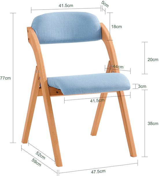 SoBuy Holz-Klappstuhl mit gepolstertem Sitzkissen, Bürostuhl, Esszimmerstuhl, Natur/Blau, 47,5x77x59 cm, FST92-BL - für Esszimmer, Balkon oder Büro